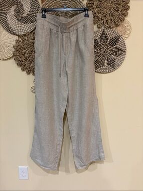 Tan Quince European Linen Wide Leg Pants. Large. Drawstring waist